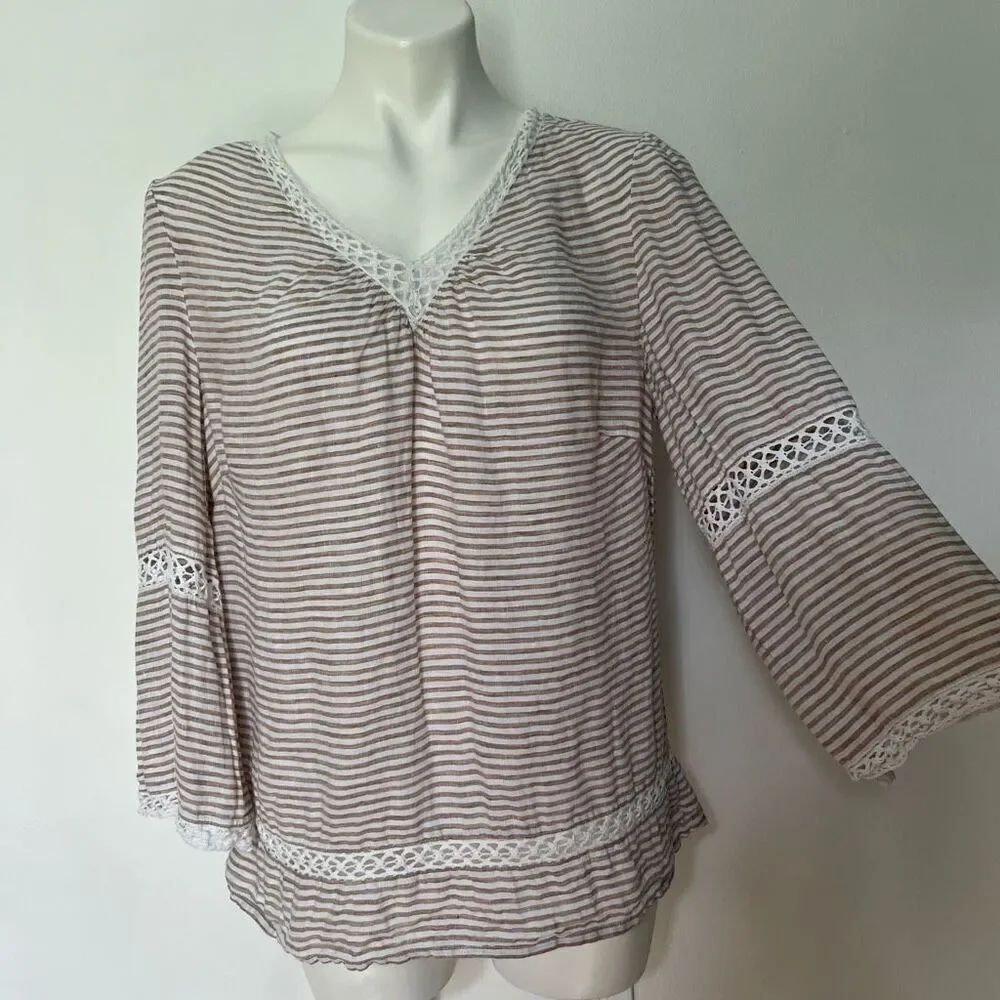 Chicos Linen Neutral Lace 3/4 sleeve blouse